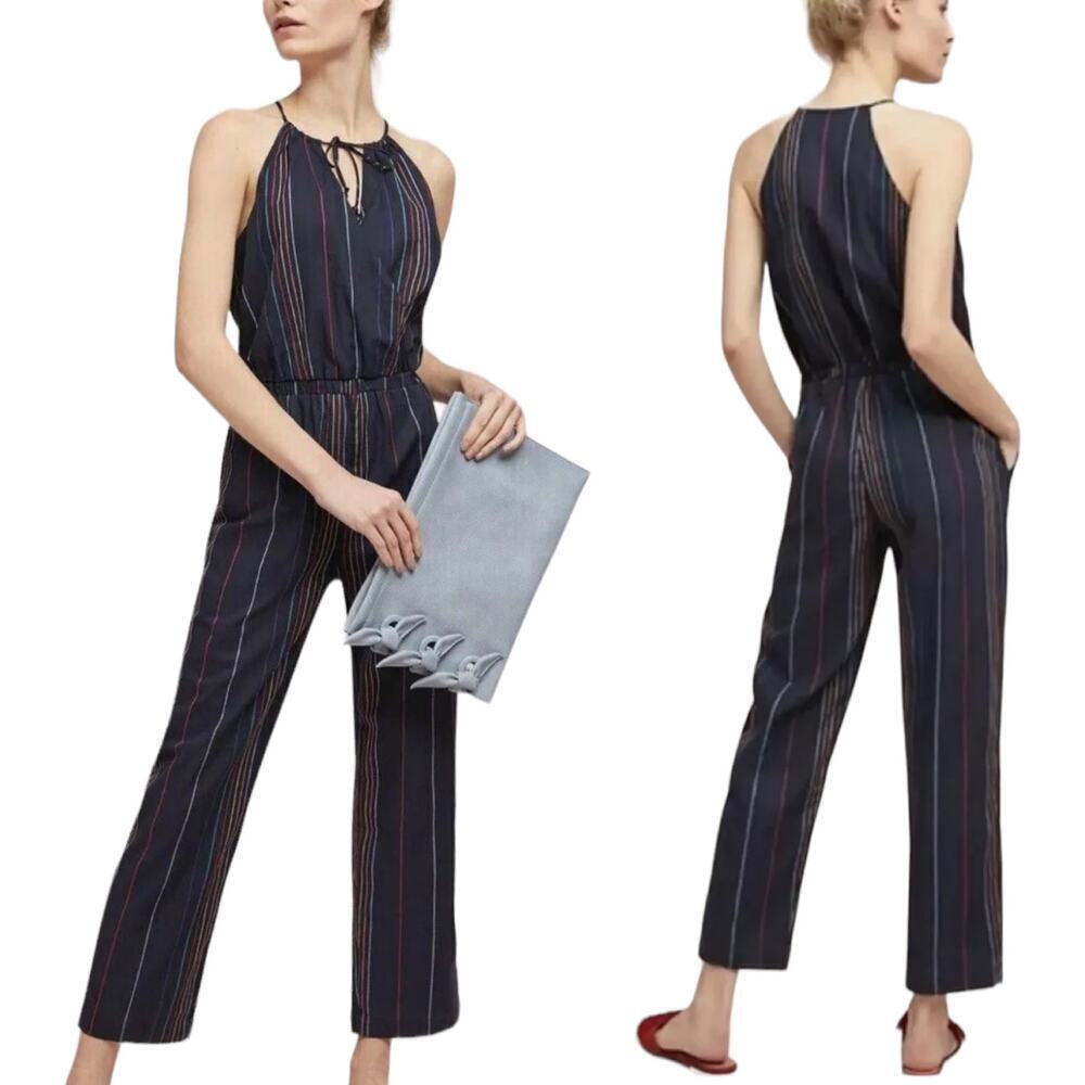 Dolan Womens Jumpsuit Navy Stripe Halter Sleeveless Cotton Lined Tie Pockets S